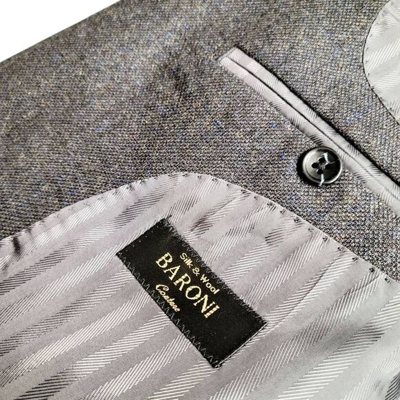 Baroni Couture Silk & Wool Grey Blazer Tan & Blue Flecks Sport Coat Jacket - Picture 6 of 9